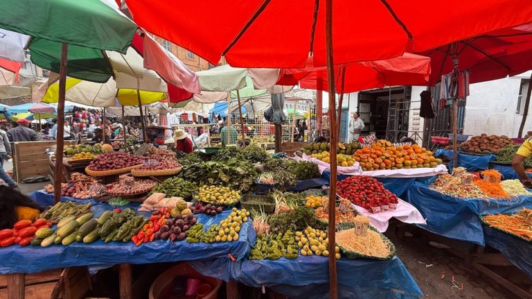 Fresh fruit and vegetable stalls at Analakely Market in Antananarivo, Madagascar