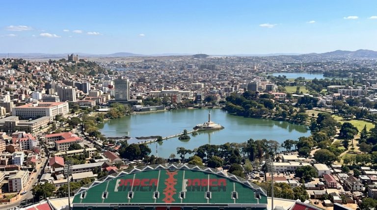 Panoramic view of Antananarivo with Lake Anosy and Mahamasina Stadium in Madagascar