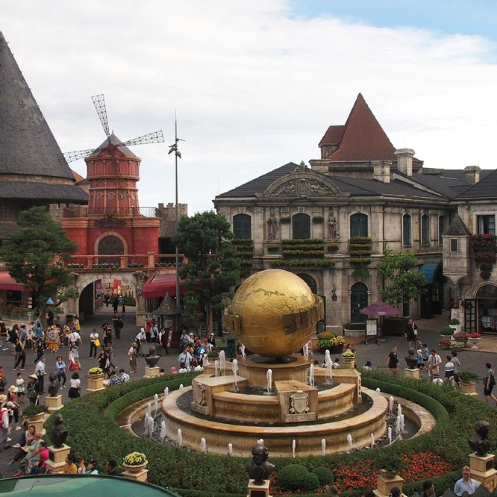 French Village at Ba Na Hills near Da Nang, Vietnam, with European-style buildings and central fountain
