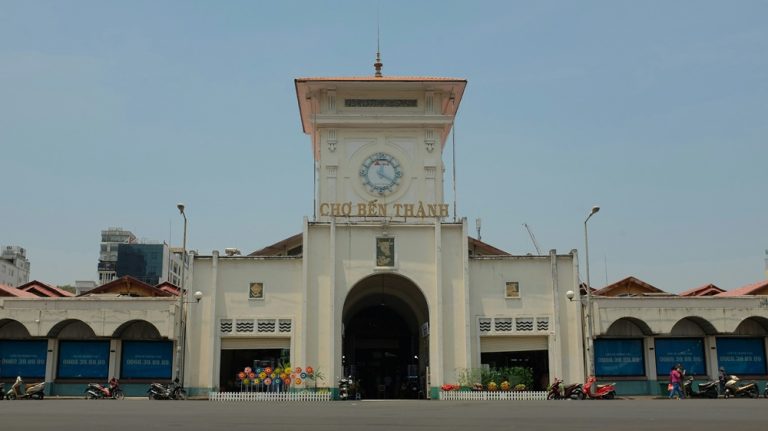 Main entrance and clock tower of Ben Thanh Market in central Ho Chi Minh City