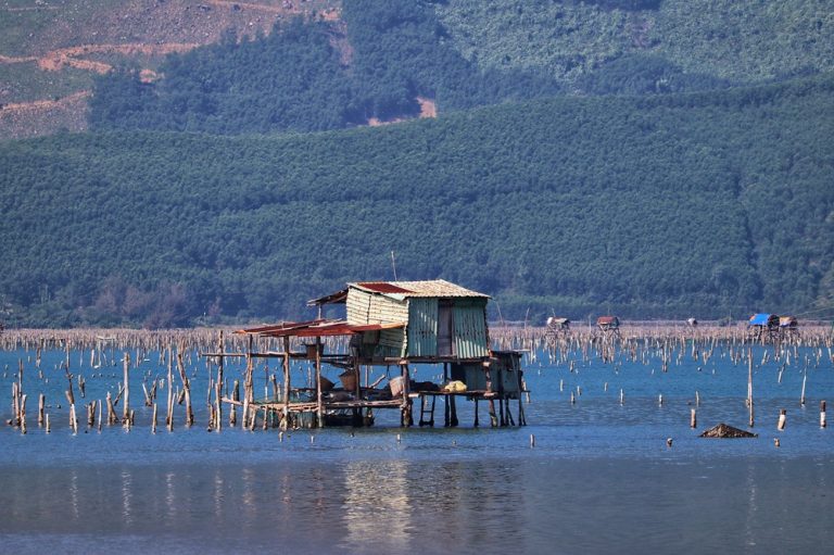Traditional fishing hut standing over the water in the countryside near Hoi An.
