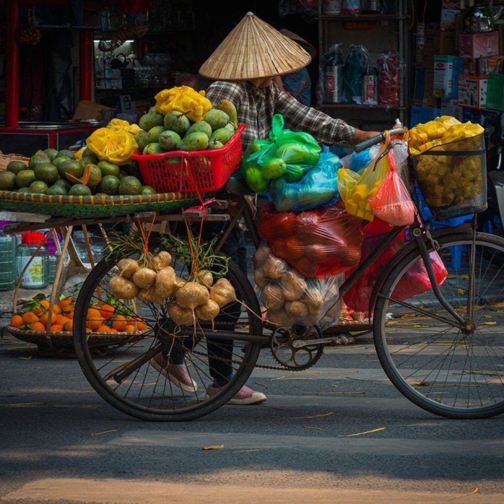Getting around Vietnam by bicycle street vendor carrying fresh produce through a local market