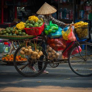 Getting around Vietnam by bicycle street vendor carrying fresh produce through a local market