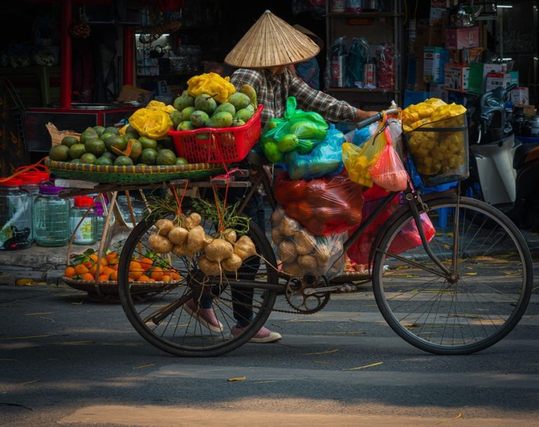 Getting around Vietnam by bicycle street vendor carrying fresh produce through a local market