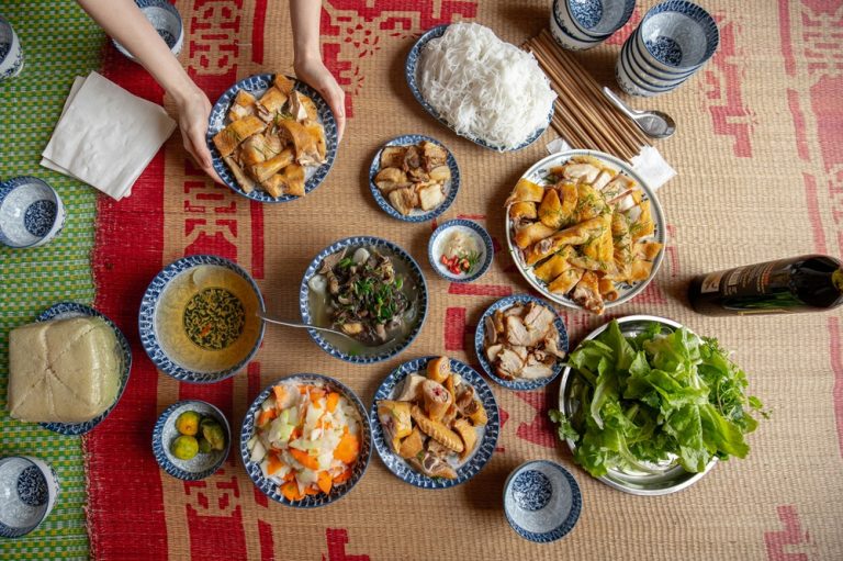 Traditional Vietnamese dishes prepared during a Hanoi cooking class