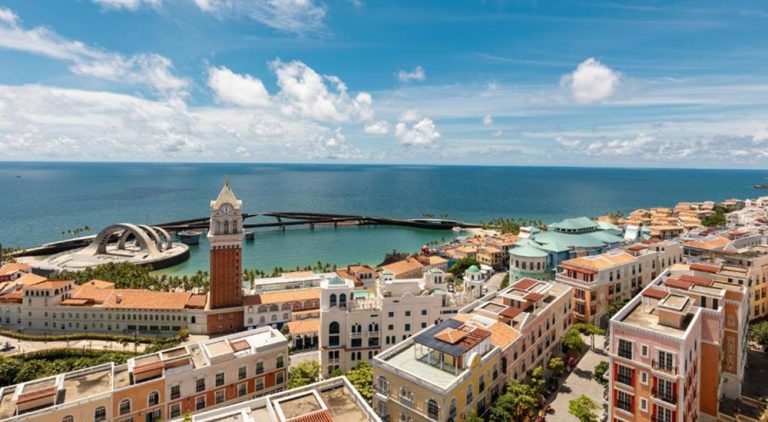 Panoramic view from Hillside Premium Apartments overlooking the Mediterranean-inspired Sunset Town waterfront and the sea in Phu Quoc.