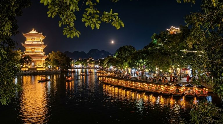 Illuminated pagoda and lantern-lit boats along the water at Hoa Lu Old Town in Ninh Binh