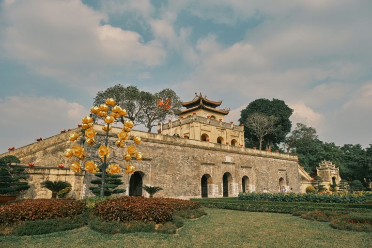 Historic walls and traditional architecture of the Imperial Citadel of Thang Long in Hanoi