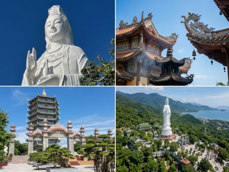 Lady Buddha statue, pagoda and Buddhist architecture at Linh Ung Pagoda on Son Tra Peninsula Caption: Description: