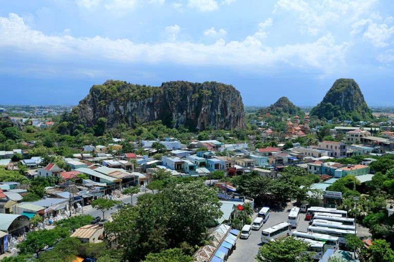 Panoramic view of the limestone peaks of the Marble Mountains in Da Nang