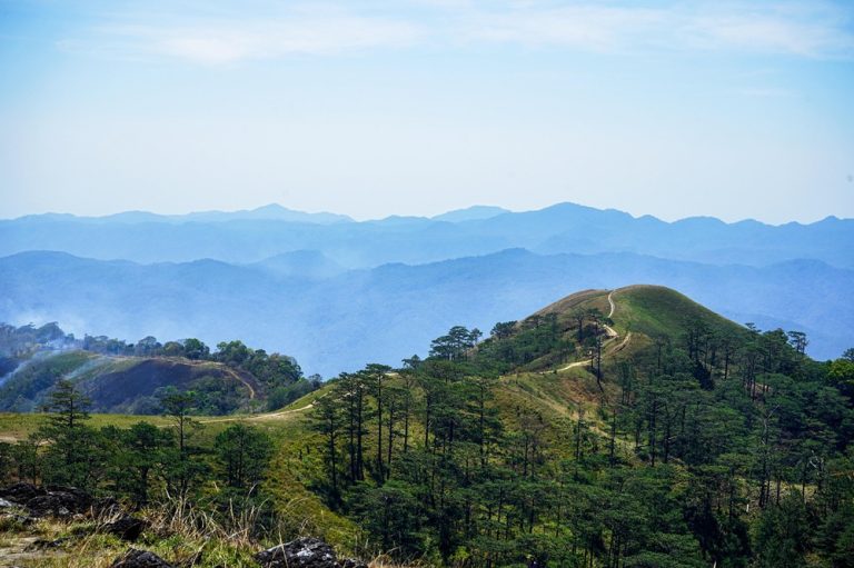 Rolling green hills and forested mountains in the countryside near Ninh Binh