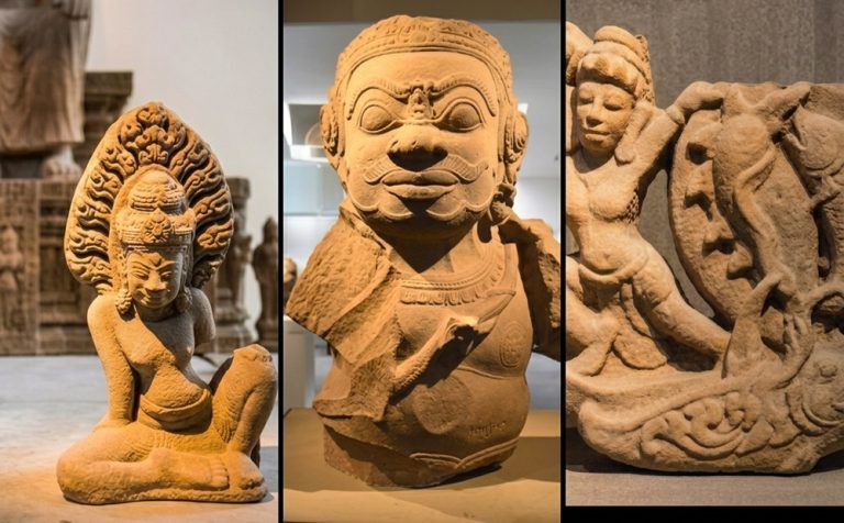 Ancient Cham sandstone sculptures displayed at the Museum of Cham Sculpture in Da Nang