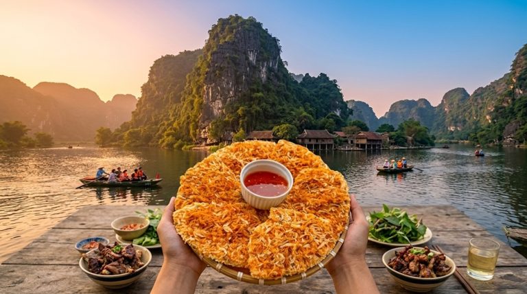 Cơm cháy crispy rice and mountain goat served beside the limestone waterways of Ninh Binh