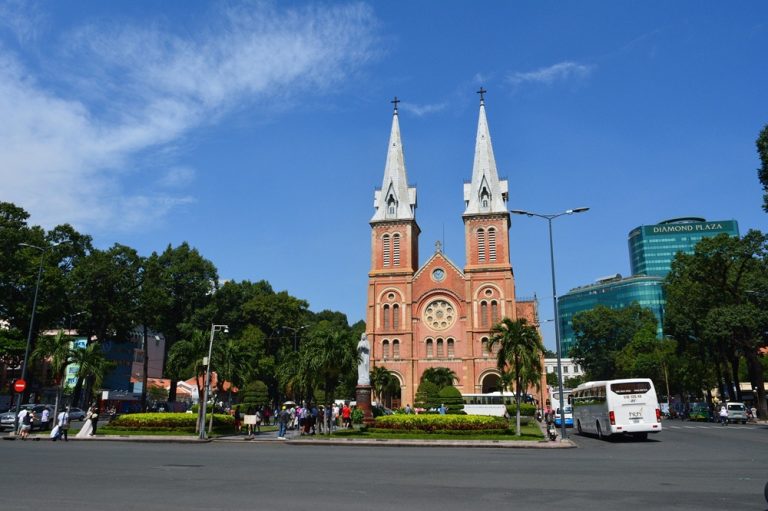 Notre-Dame Cathedral Basilica of Saigon with twin bell towers in central Ho Chi Minh City