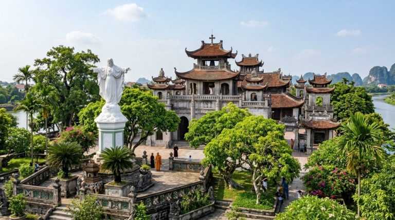 Phat Diem Cathedral complex with traditional Vietnamese architecture and a statue of Jesus in Ninh Binh
