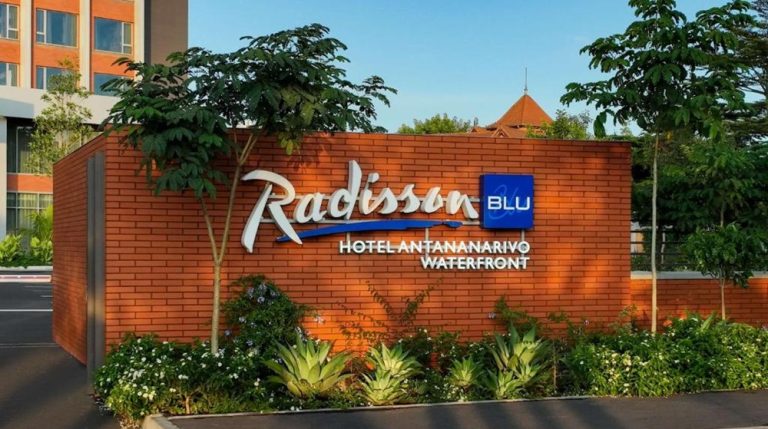 Entrance sign for Radisson Blu Hotel Antananarivo Waterfront in Madagascar