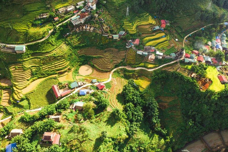 Aerial view of the spectacular rice terraces and traditional villages surrounding Sapa in Northern Vietnam