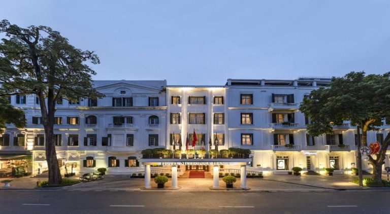 Historic façade of Sofitel Legend Metropole Hanoi, one of Hanoi's most iconic luxury hotels