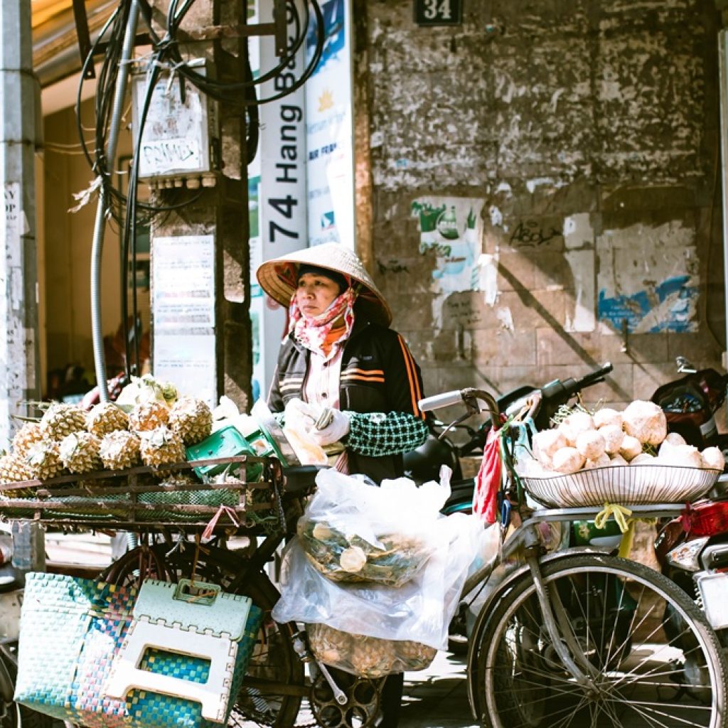Street vendor selling fresh fruit and vegetables from a bicycle in Hanoi