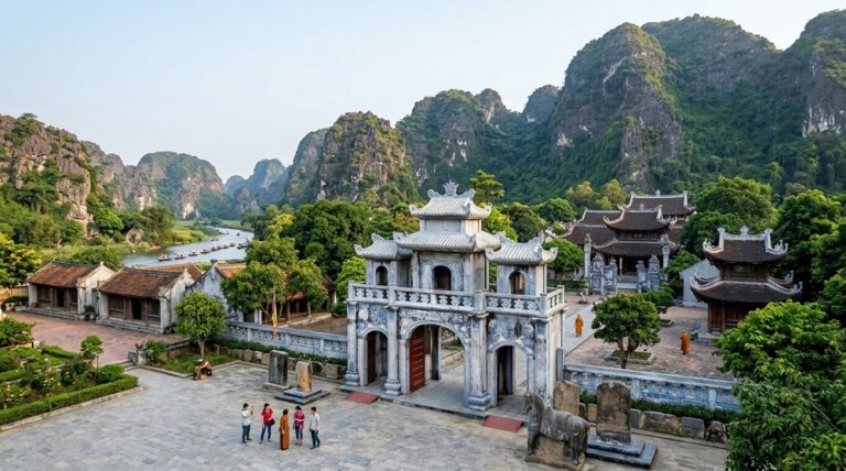 Thai Vi Temple surrounded by limestone karsts and waterways near Tam Coc in Ninh Binh Caption: Description: