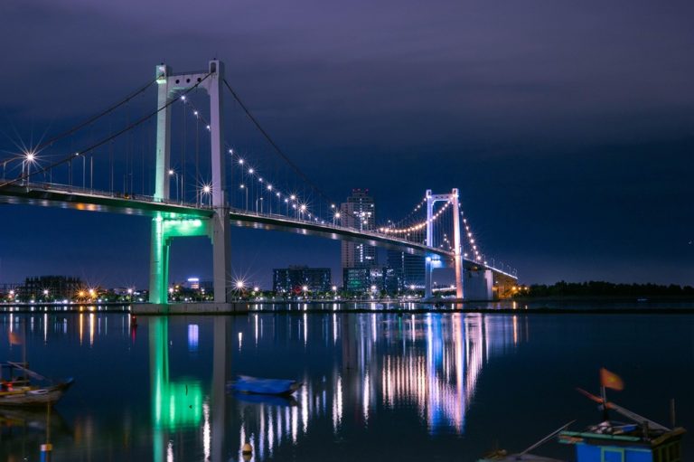 Thuan Phuoc Bridge illuminated at night over the Han River in Da Nang, Vietnam