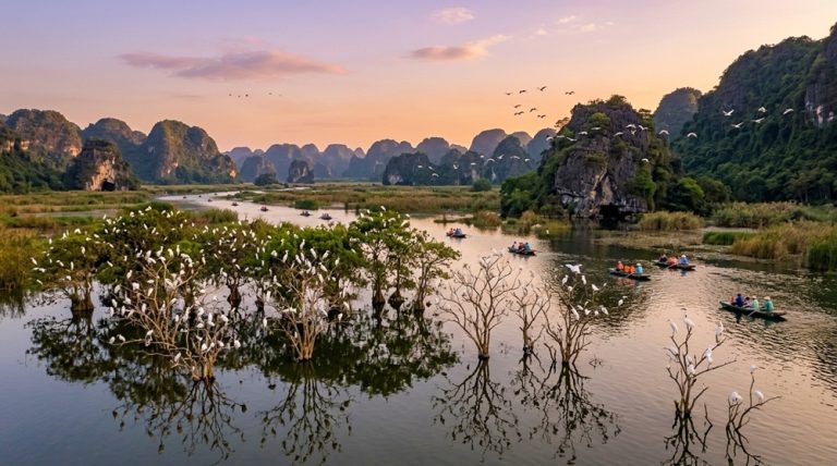 Birds gathering above wetlands and rowing boats at Thung Nham Bird Park in Ninh Binh