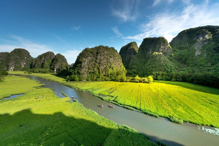 Rowing boats travelling along the river between rice fields and limestone karsts at Trang An in Ninh Binh Caption: Description: