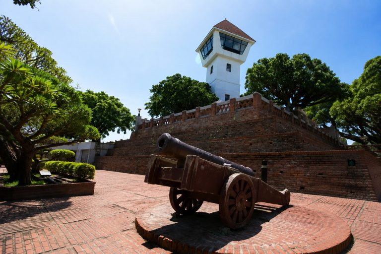 Historic cannon, brick fortifications and watchtower at Anping Old Fort in Tainan