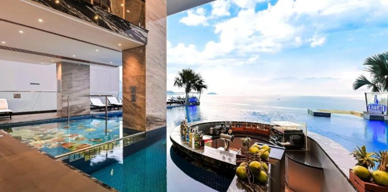 Infinity pool and poolside bar overlooking the sea at Boton Blue Hotel and Spa in Nha Trang