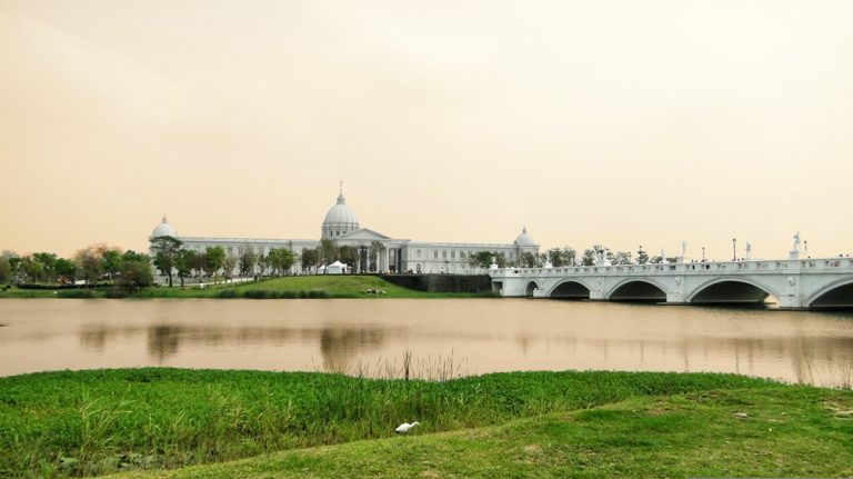 Chimei Museum and classical bridge beside the landscaped lake in Tainan