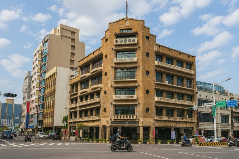 Historic Hayashi Department Store at a busy street intersection in central Tainan Caption Description