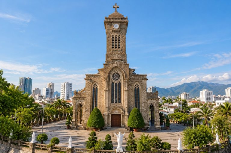 Nha Trang Cathedral with its stone Gothic architecture, clock tower and cross against a blue sky