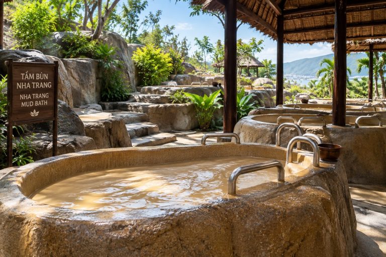 Outdoor mud bath surrounded by tropical gardens at a spa in Nha Trang, Vietnam Caption Description
