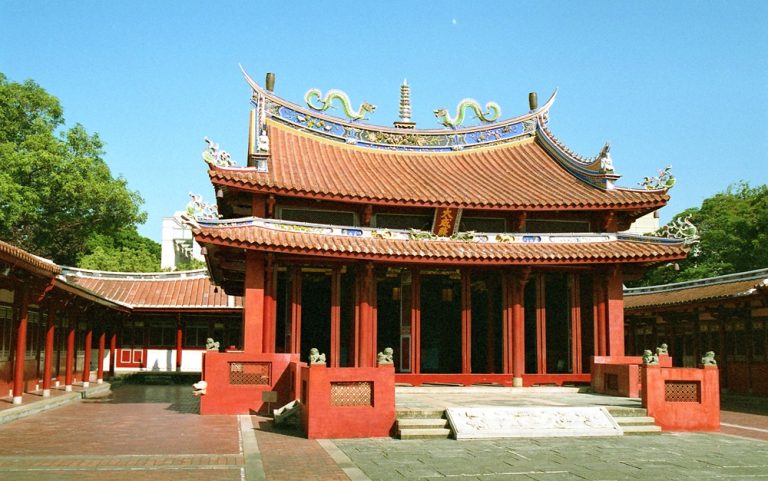 Tainan Confucius Temple with traditional red architecture and ornate curved roof